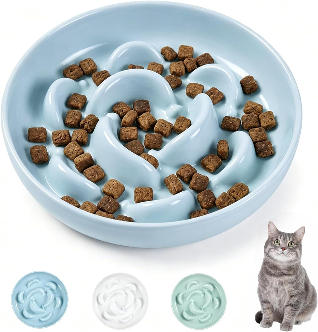 Melamine Cat Slow Feeder Bowl - Pastel Series Cat Plate for Dry and Wet Food - Cute Maze Feeder Dish for Healthy Eating - Dishwasher Safe - 6.3''W x 1.2''H - 7 OZ - Pale Blue