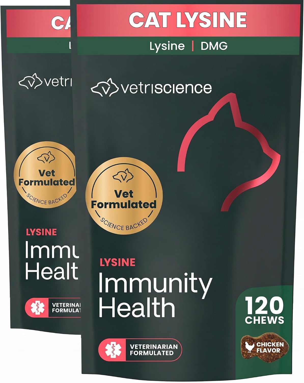 VetriScience Lysine Immunity Health Chews, 250 mg Lysine Plus Immune Supplement for Cats and Kittens with Allergies, Sneezing, Runny Nose and Watery Eyes, Chicken, 120 Count (Pack of 2)