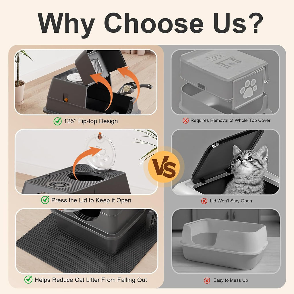 2PACK Stainless Steel Litter Box with Lid, XL Extra Large Litter Box Enclosed Top Entry Metal Litterbox for Big Cats & Multi-Cats, Easy Cleaning Anti Leakage, High Sided with Mat & Scoop, Dark Grey