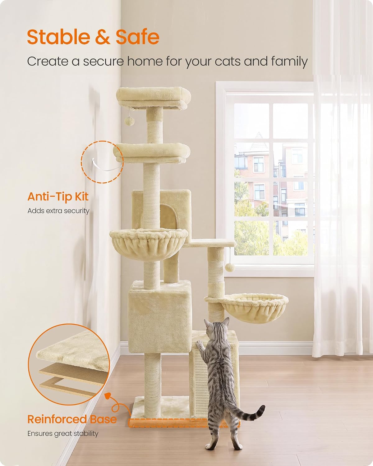 Feandrea Cat Tree, 68.5-in Tall Cat Tower, Multi-Level Condo, Beige