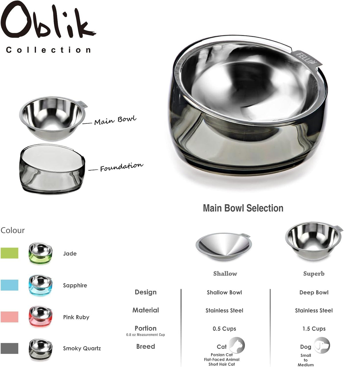 Felli Pet Oblik Acrylic Raised Dog Food Water Bowl Stainless Steel Slanted Oval Dish for Short Leg Puppy & Small Medium Pet, Elevated Tilted Metal Feeder (Smoky, 1.5 Cups Oval Dish) 