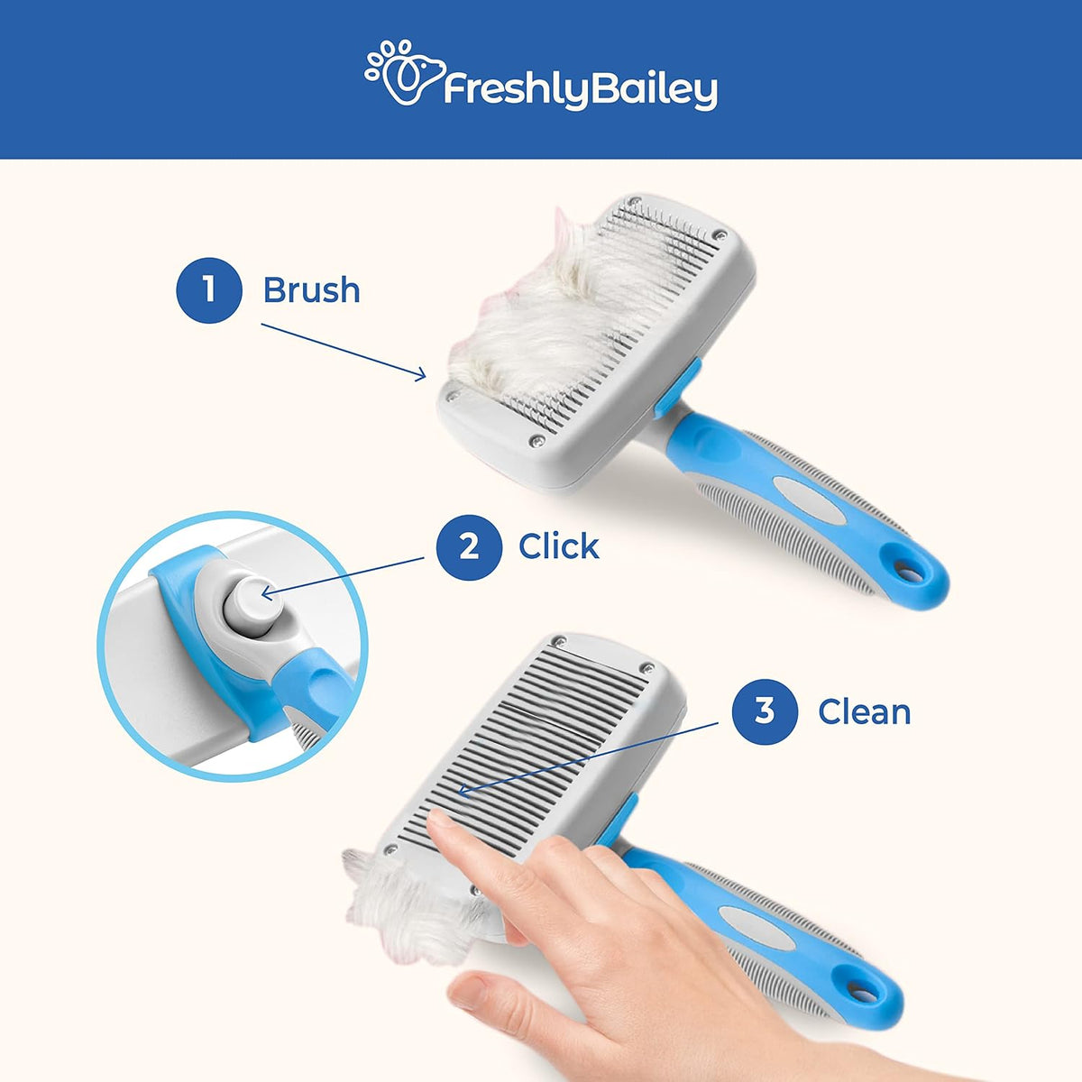 Freshly Bailey Self Cleaning Slicker Brush for Dogs and Cats - Hair Brush for Medium to Long-haired Pets - Effective, Comfortable, and Easy to Clean - White and Blue