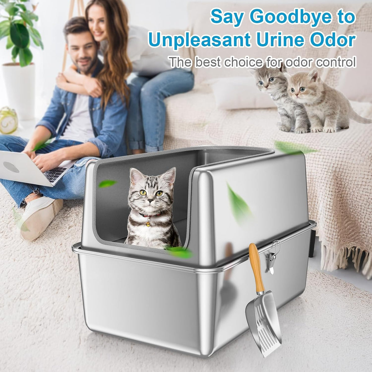 16'' High Sides XXXL All Stainless Steel Cat Litter Box with Lid,8'' Deep Metal Litter Box for Big Cats,Extra Large Litter Boxes with High Wall Enclosure,Anti-Leakage,Never Absorbs Odors,Non-Sticky