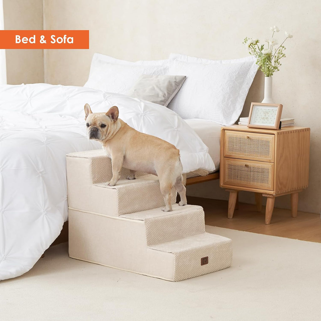 EHEYCIGA Dog Stairs for Bed 20" H, 4-Step Extra Wide Dog Steps, Beige