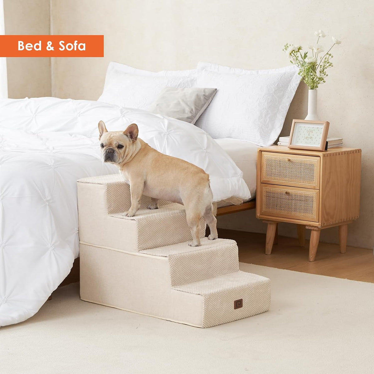 EHEYCIGA Dog Stairs for Bed 20" H, 4-Step Extra Wide Dog Steps, Beige