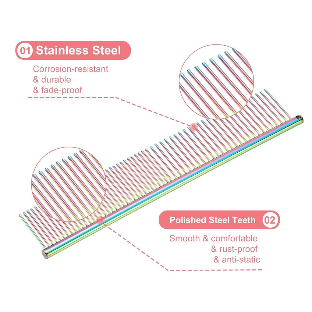Dog Cat Comb, Pet Combs Stainless Steel Teeth with Rounded Ends for Knots Mats Loose Hair Removal, 7.5IN (Colorful Plated, 3 Pack), Grooming Tool Intended for Long Curly Hair Pet