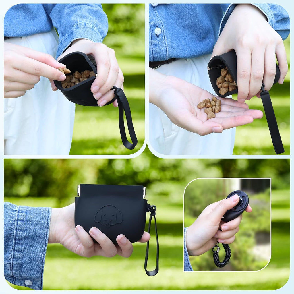 WALLFID Silicone Dog Treat Pouch, Auto Closure, with Pet Training Clicker, Walking Bag for Dog and Cat, Pocket Size, Easy to Clean, Odorless, Travel Bag (Black)