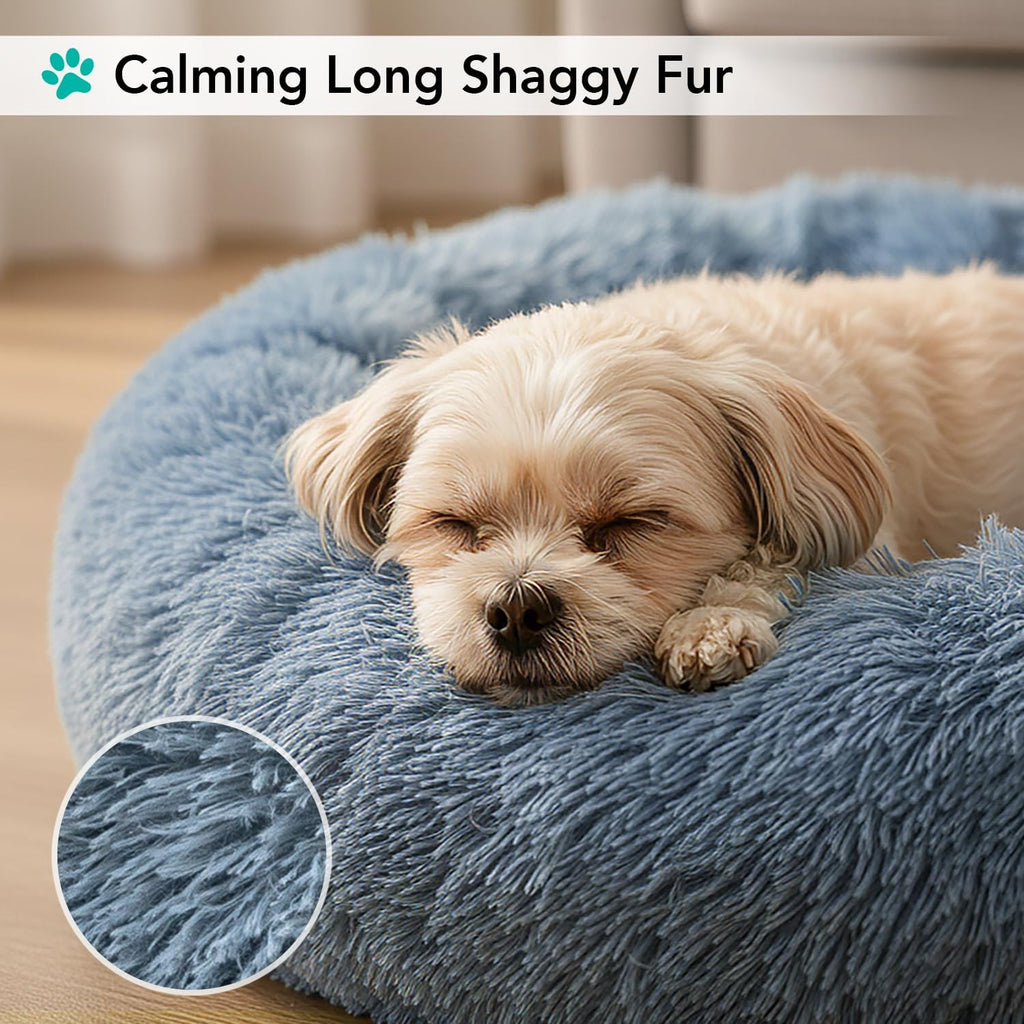 PetAmi Calming Donut Dog Bed, Washable Faux Fur, 30 Inch Medium, Blue