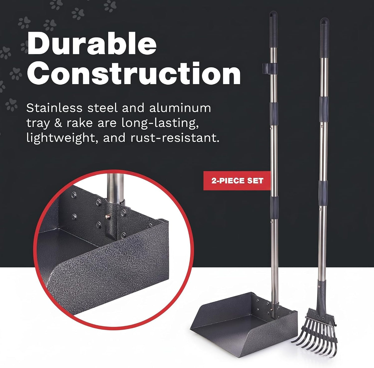 Pawler Pooper Scooper for Dogs with Heavy Duty Long Handle Rake & XL Tray