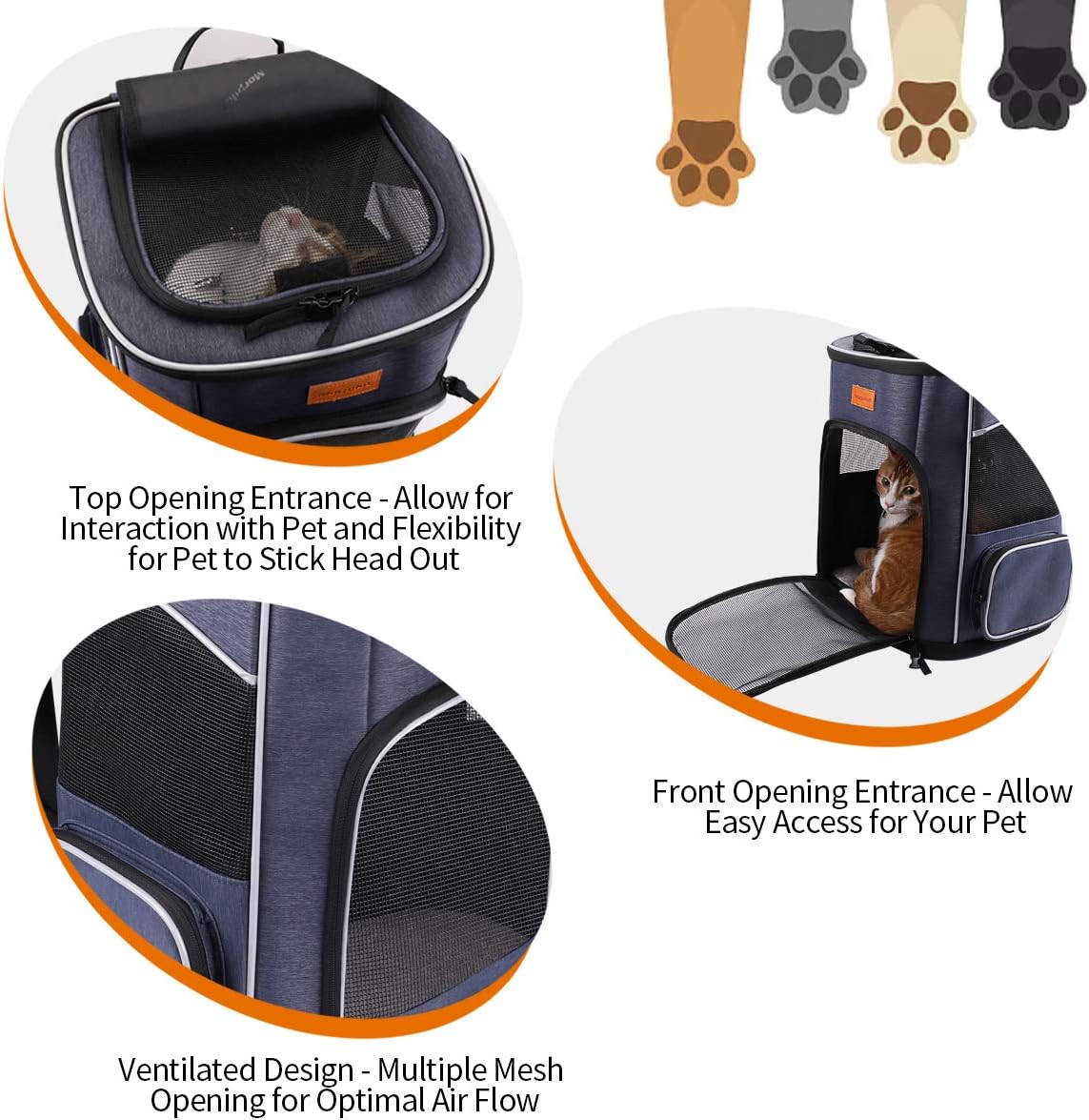 Morpilot Expandable Cat Carrier Backpack for Small Dogs & Cats Up to 25lbs, Breathable Mesh Pet Travel Backpack with Safety Leash, Foldable Airline Approved Carrier for Hiking Camping Outdoor, Blue