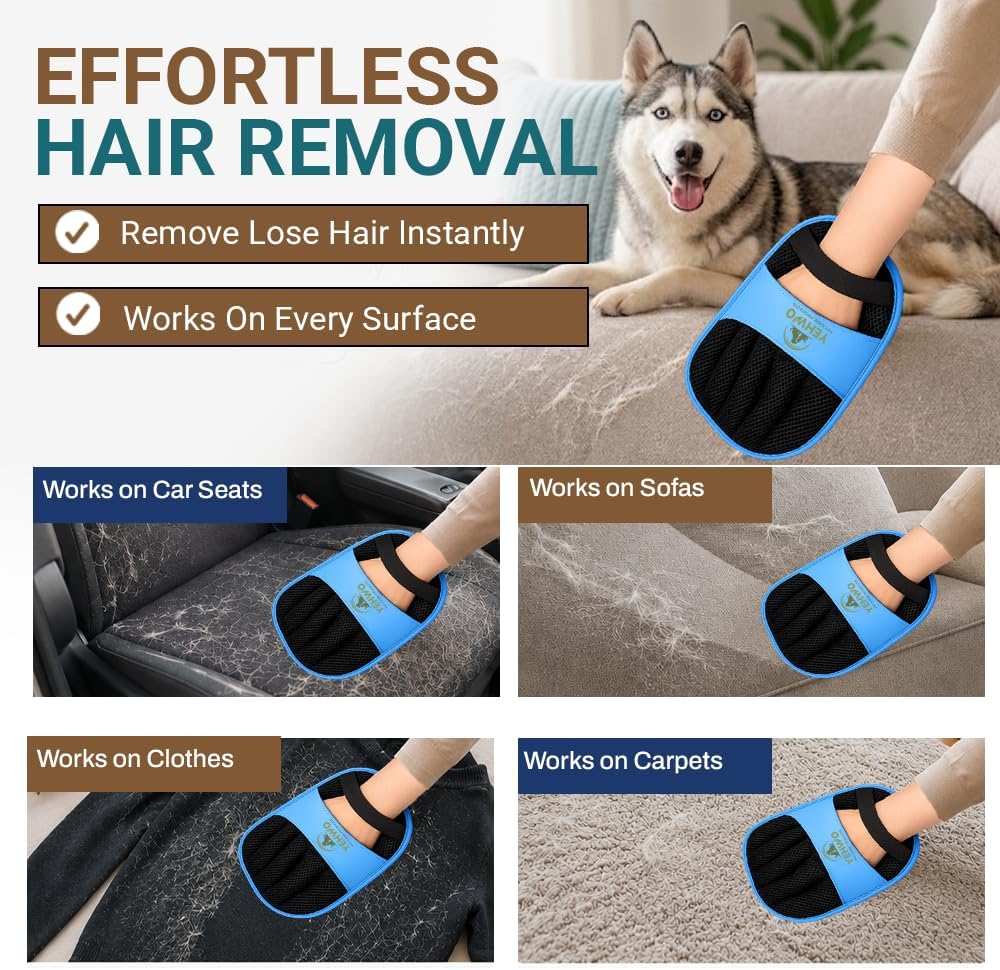 Pet Hair Remover Glove for Dogs & Cats – Reusable Electrostatic Pet Fur Removal Mitt for Couch, Carpet, Clothing & Furniture | Elastic Strap & Hanging Loop (1 Pack) Blue