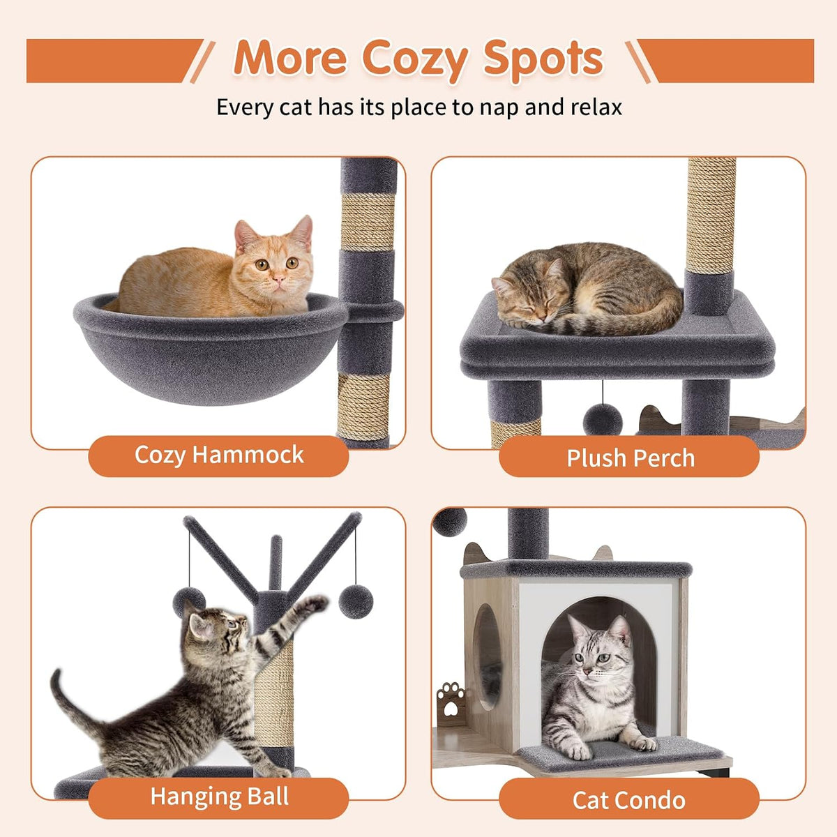 HavenlyYouth Cat Tree with Food Station and Litter Box Enclosure, Multi-Level Cat Tree Tower with Sisal Scratch Posts for Playtime, Plush Hammock in Gray for Cozy