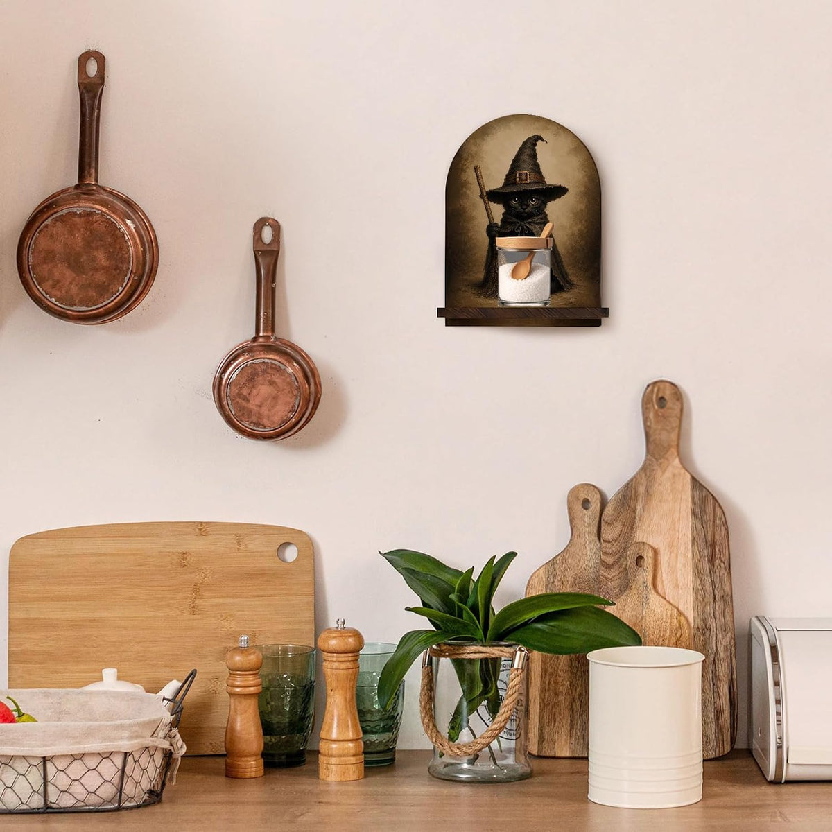 Halloween Witchy Cat Arched Wooden Wall Shelf Decor, 9.45x7.09In