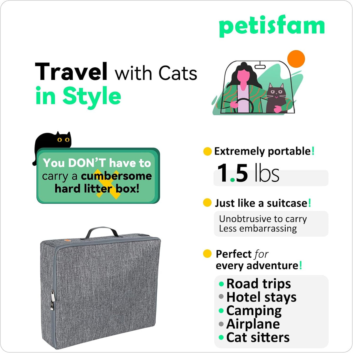 Travel Light with Covered Portable Cat Litter Box Without Any Mess. Ultra-Lightweight, Stop Lugging a Hard Litter Box. Keep Everything Contained. Ideal for Hotel Stays, Car Trips, Flights