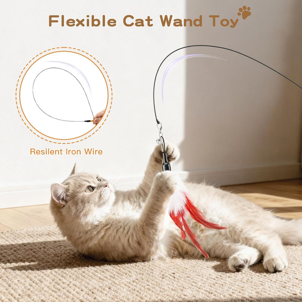 Pawaboo Cat Feather Wand Interactive Toy, 10 Feathers + 1 Wand with Bell | Cat Feather Teaser Toys Flying Catcher Extra Long 34.5" Wand Exerciser Playing Cat Toy Wands for Kitten, Multi-Color Blend