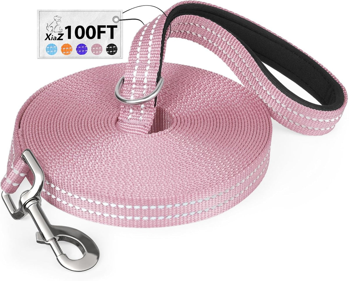 Long Dog Leash XiaZ Training Leashes 10/15/20/30/50/100ft Long Lead for Dogs 100ft Training Leash for Outside Pink 100 Foot Nylon Padded Handle Reflective Hiking Yard