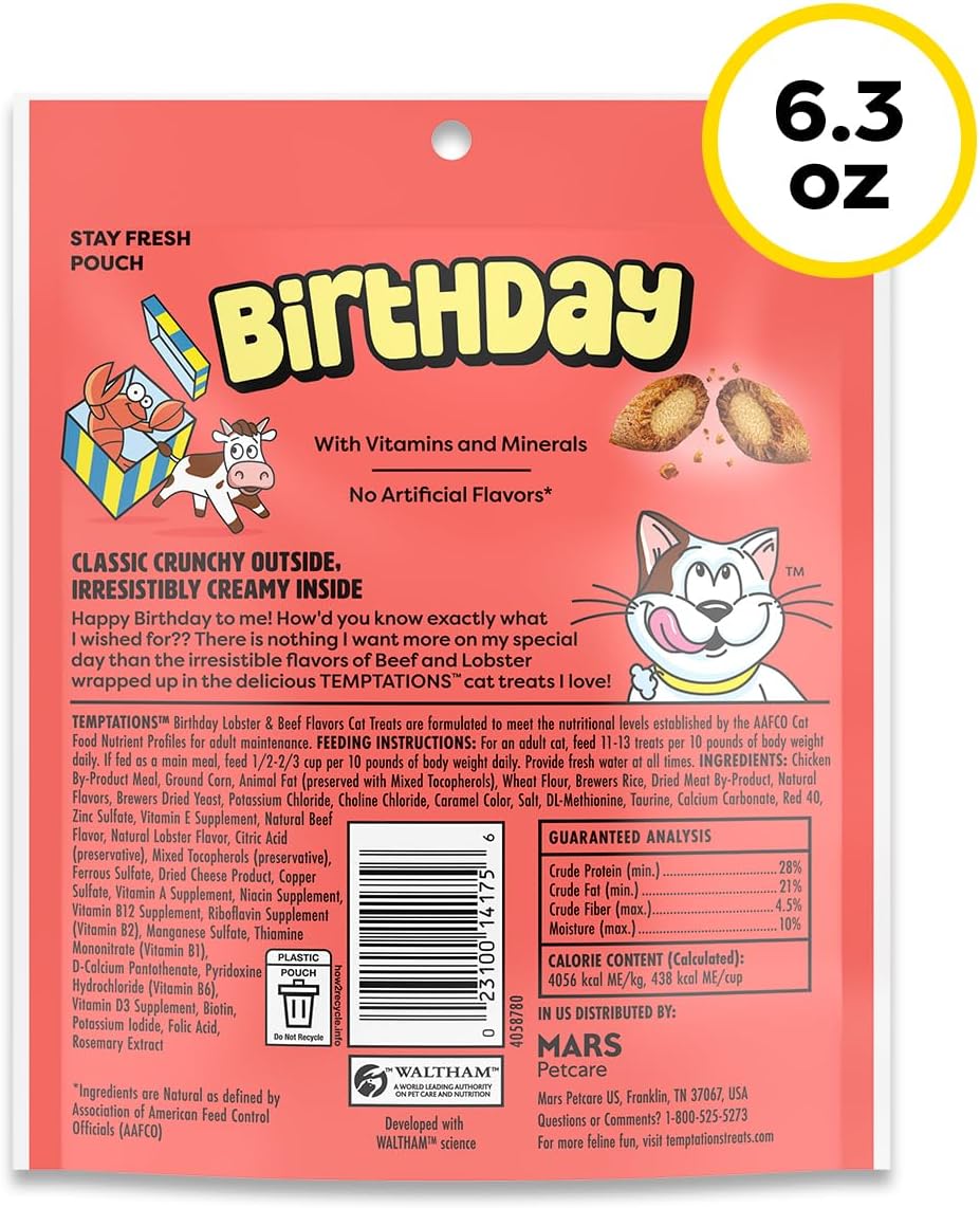 Temptations Birthday Crunchy Cat Treats, Lobster & Beef, 6.3 oz, 10 Pack