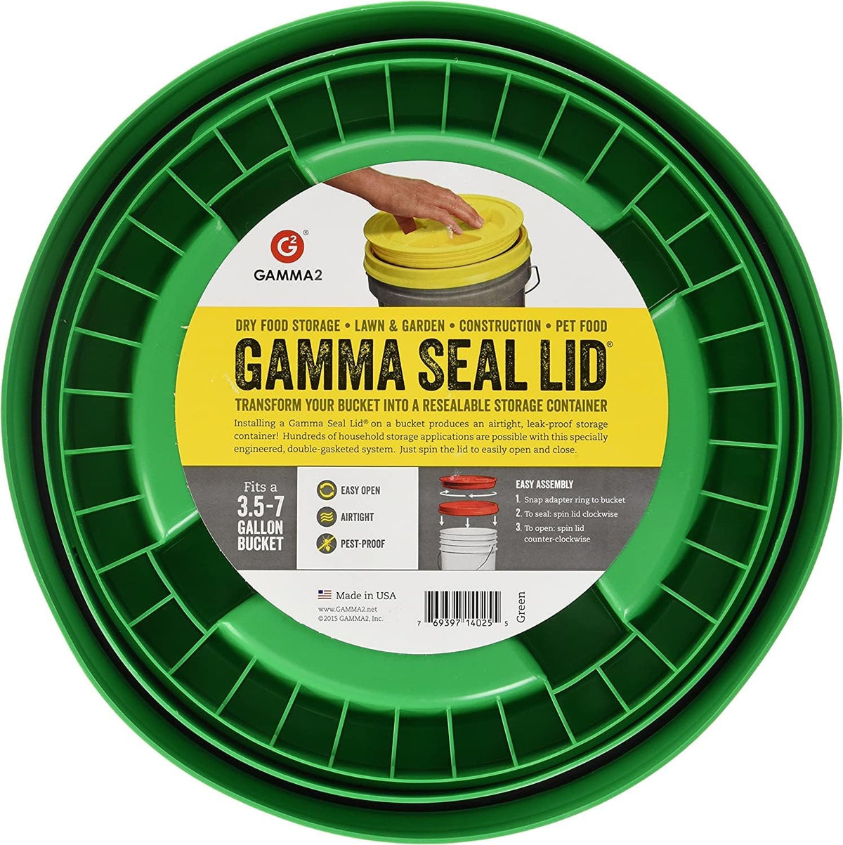 GAMMA2 Gamma Seal Lid - Pet Food Storage Container Lids - Fits 3.5, 5, 6, & 7 Gallon Buckets, Green, Made in USA