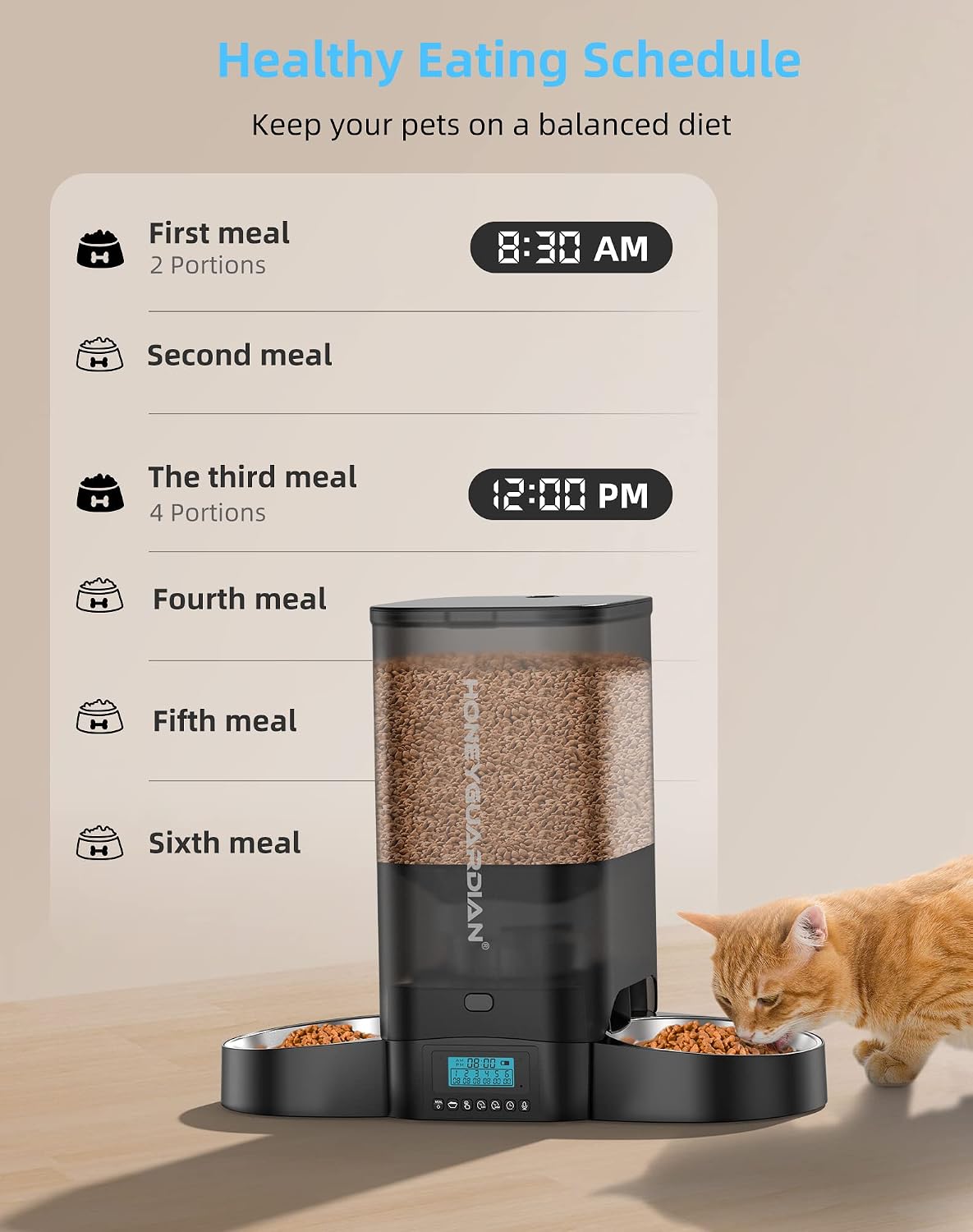 HoneyGuaridan 5L Automatic Cat Feeder for 2 Cats,Timed Dry Food Cat Feeder