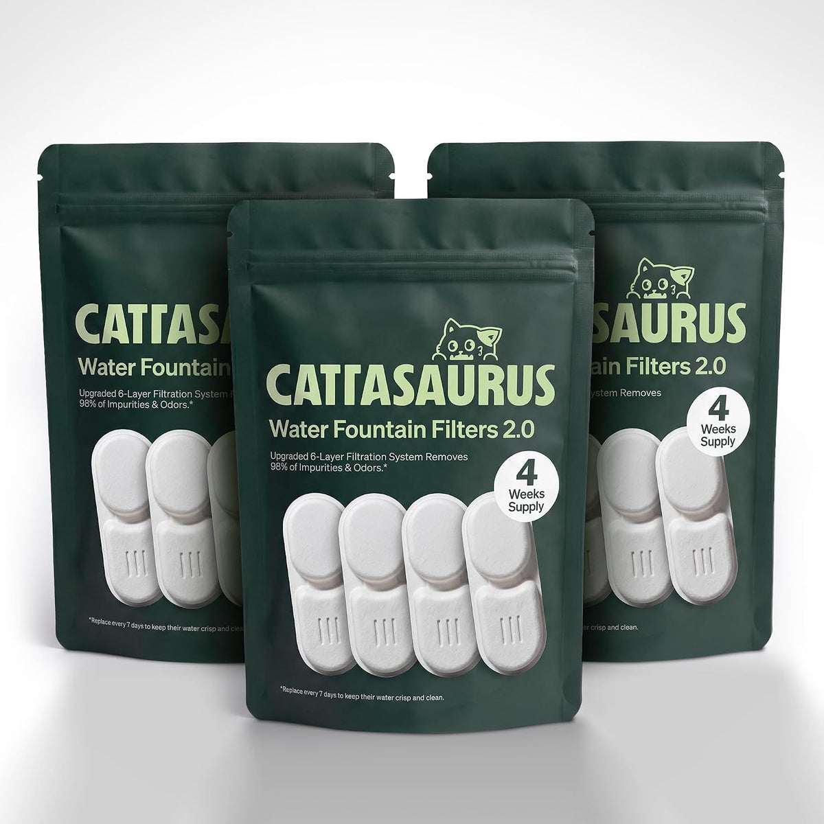 Cattasaurus Quarterly Filter Refills, Patent-Pending 6-Layer Filtration System for Wireless Stainless Steel Cat Water Fountain, Automatic Water Dispenser for Cats (White, 90-Day Supply)