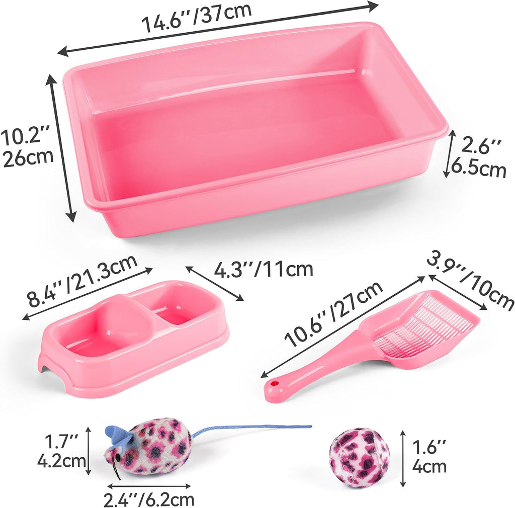 PAWISE Cat Litter Box Set, Small Kitten Starter Kit, Includes Litter Box, Litter Scoop, Double Dish Feeding Bowl, Cat Mouse Toy, Kitty Ball Toy, Pink