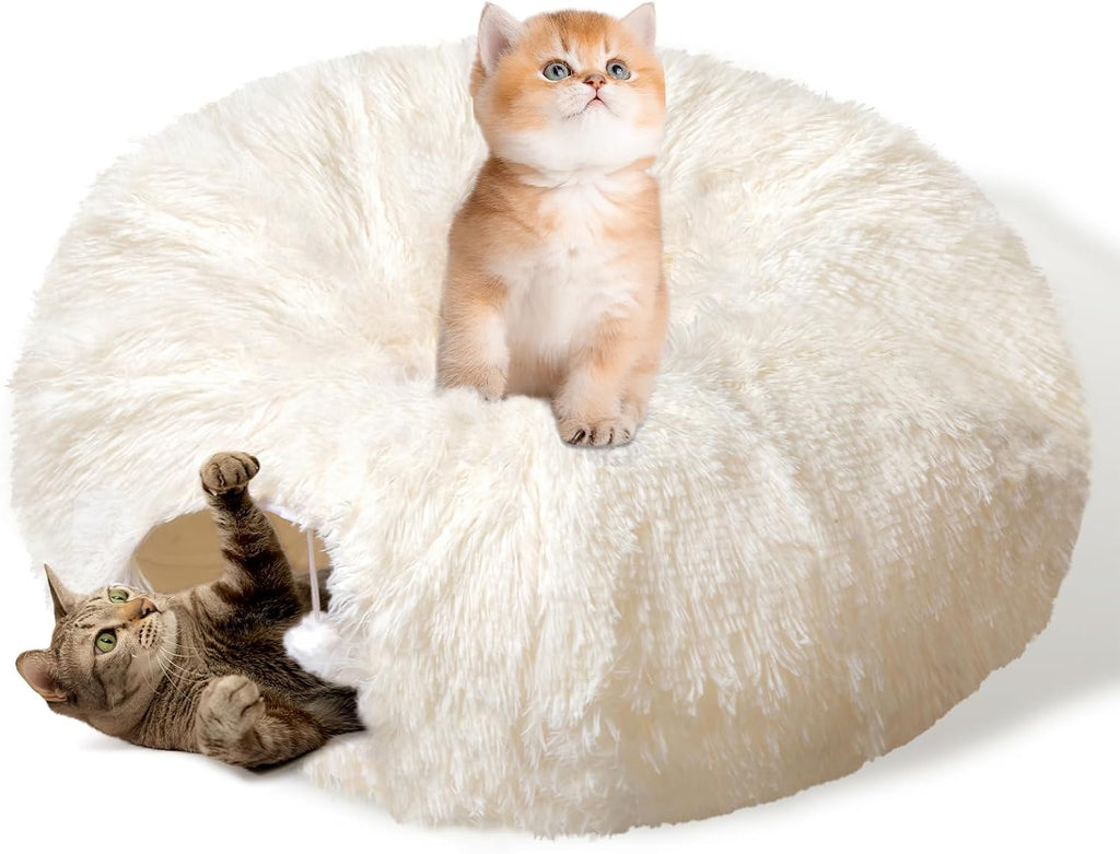 Peekaboo Cat Cave with Washable Mat, Collapsible Cat Play Tunnel for Kittens & Small Pets, Plush Cat Donut Bed Tunnel, Beige