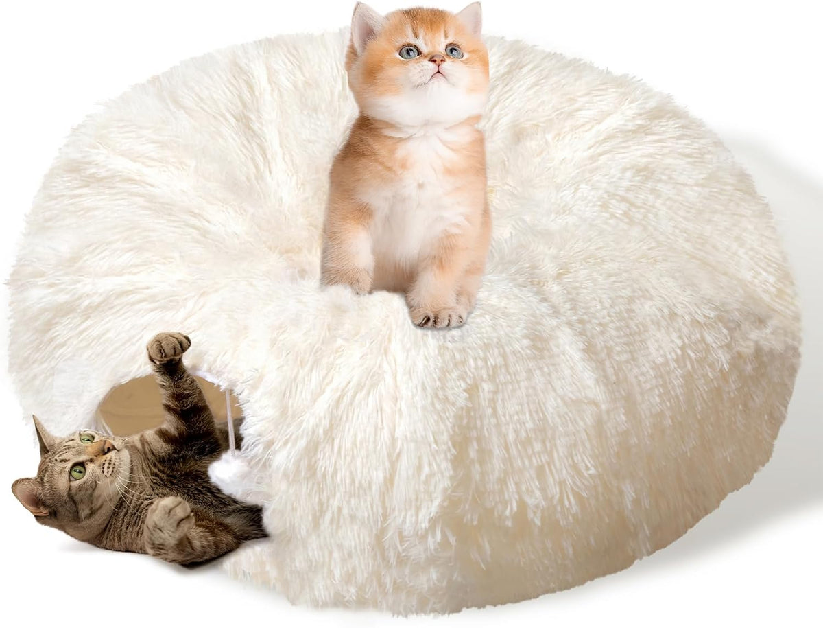 Peekaboo Cat Cave with Washable Mat, Collapsible Cat Play Tunnel for Kittens & Small Pets, Plush Cat Donut Bed Tunnel, Beige