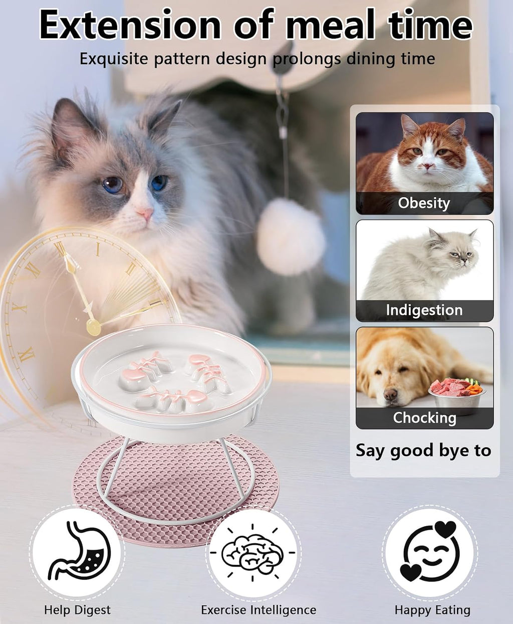 Ceramic Elevated Slow Feeder Cat Bowl, Anti Vomit, Removable Dish Pink