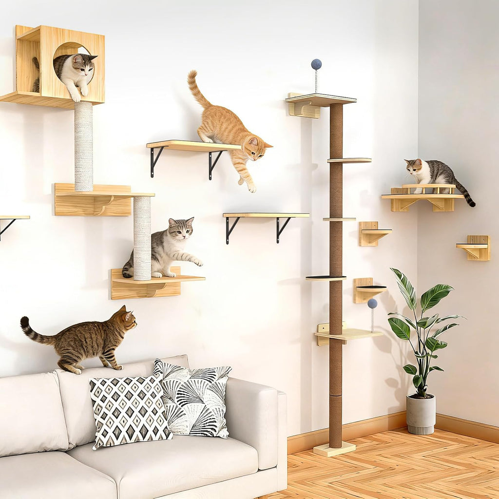 2PCS Cat Wall Shelves with 17 x 9.85 Inch Soft Felt Cushion, Solid Wood Cat Wall Furniture with Solid Wood, Wall Mounted Cats Shelves for Sleeping and Climbing, Cats Climb Perch Wall