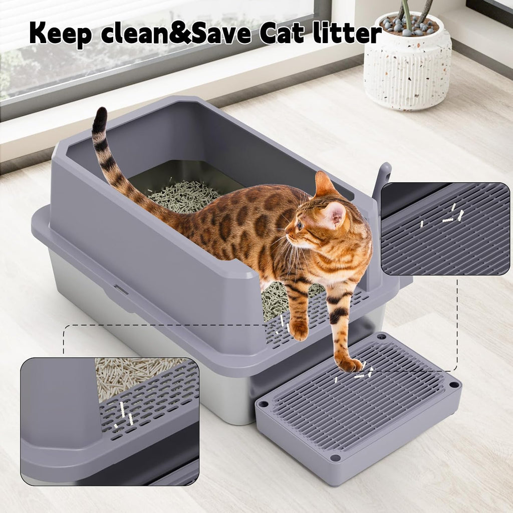 RIZZARI Open Cat Litter Box: Stainless, High Sided, Easy Clean | Spacious for Large Cats / 304 Stainless Anti-Odor / 6.5" Splash Guard / Leak-Proof Seams / Apartments & Laundry