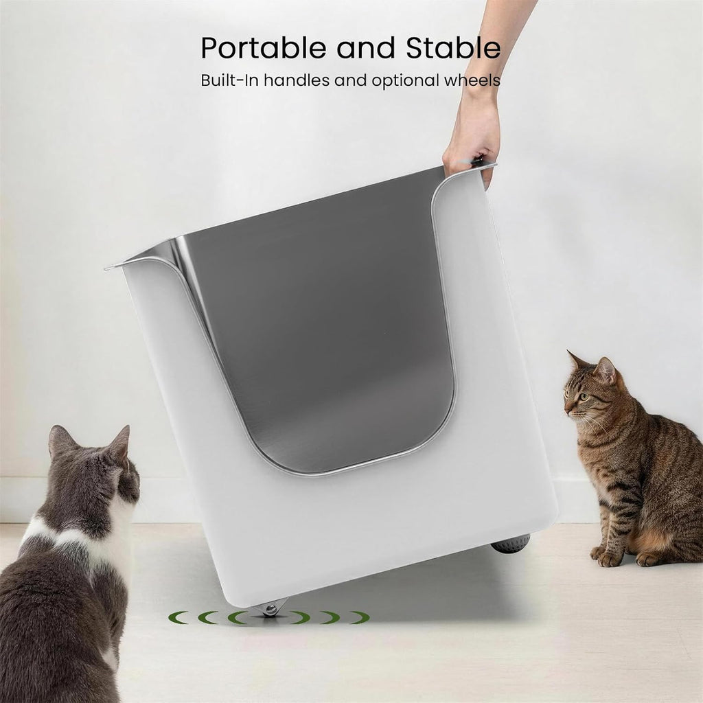 Stainless Steel Litter Box 13.7" High-Side for Big & Multi-Cats Home，White