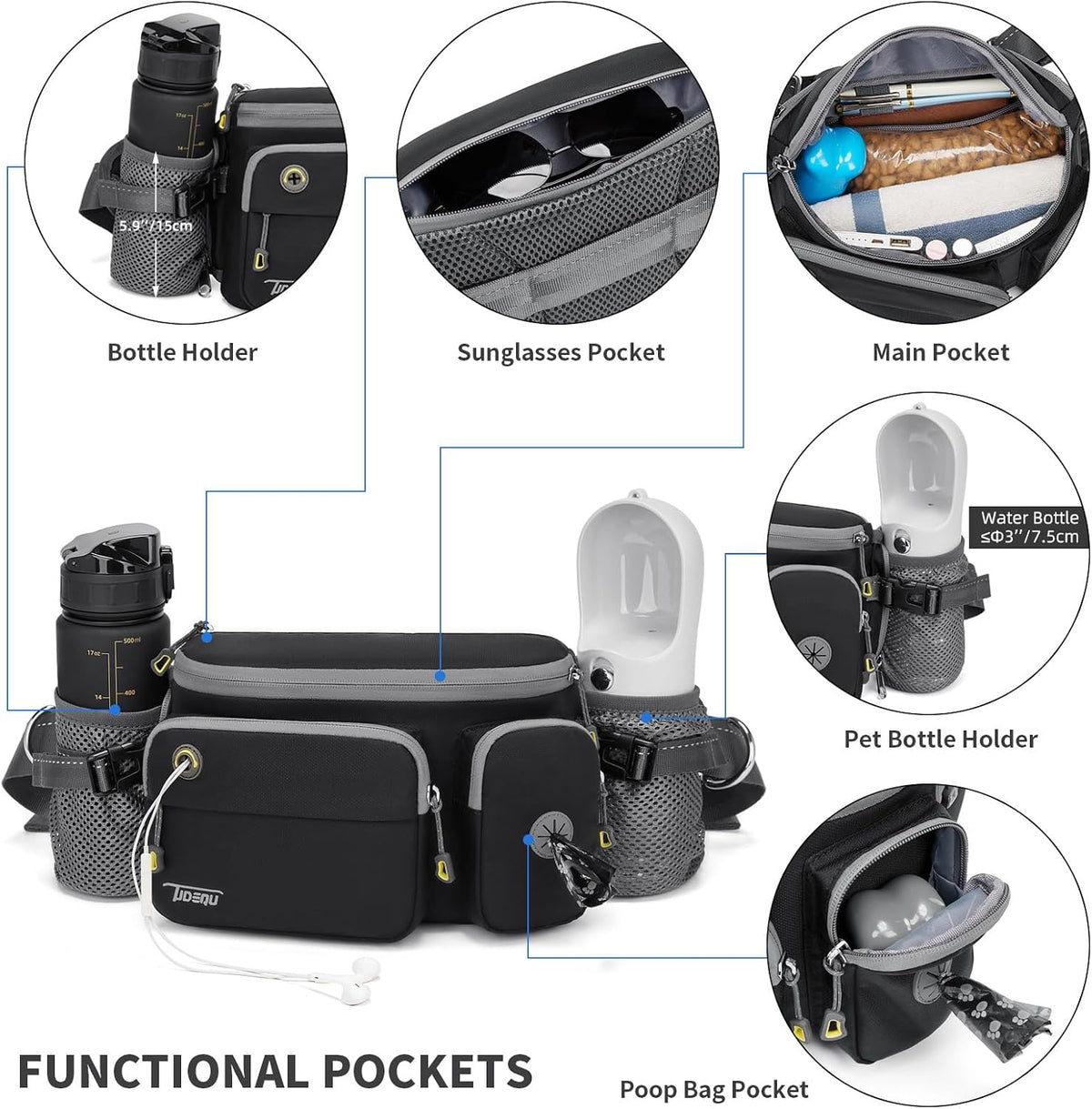 TUDEQU 4-in-1 Hands Free Dog Leash with Large Fanny Pack for Large Dogs