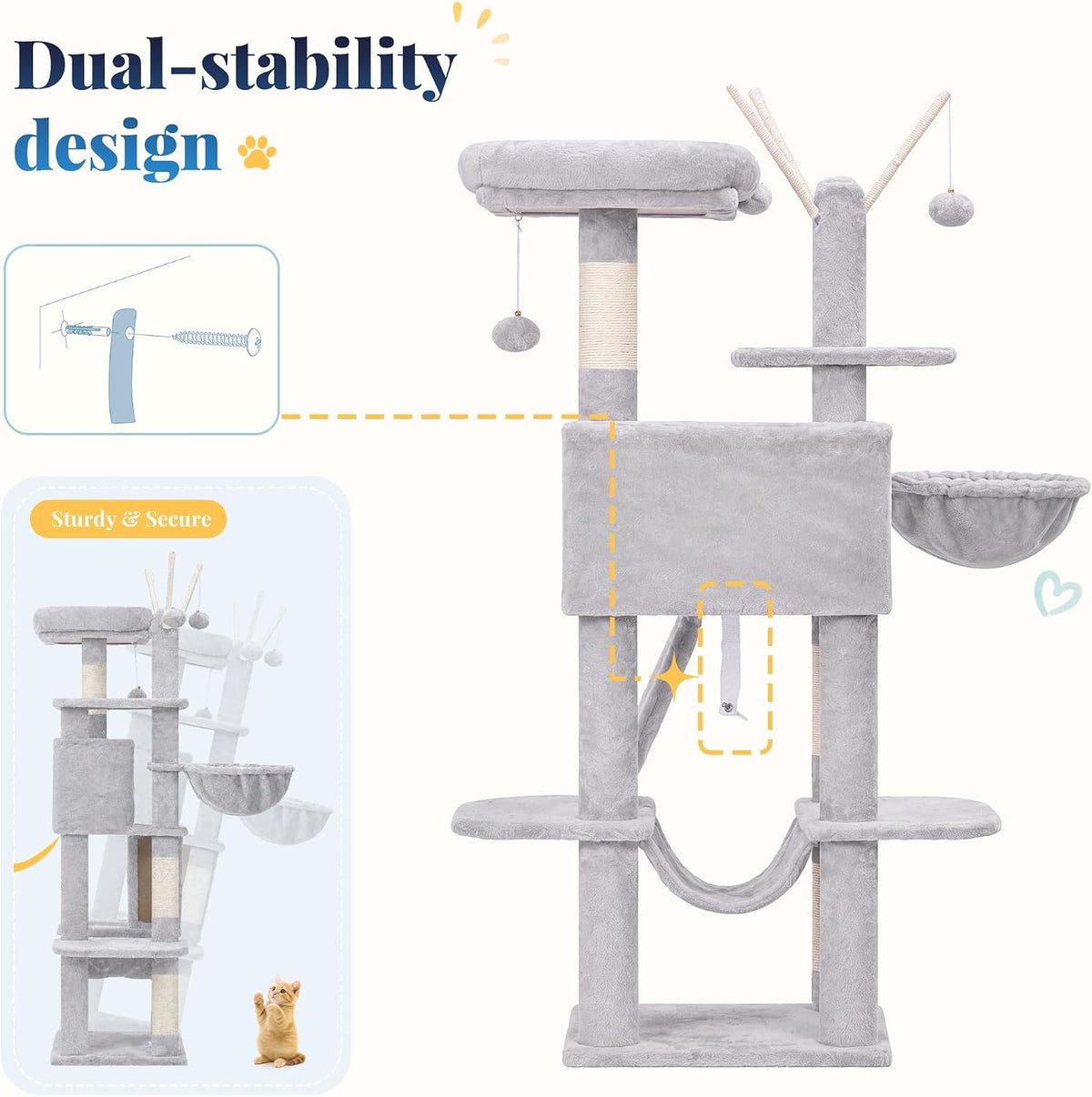 Hey-brother Cat Tree Tower with Padded Platform Bed, Hammock, MPJ019-SW