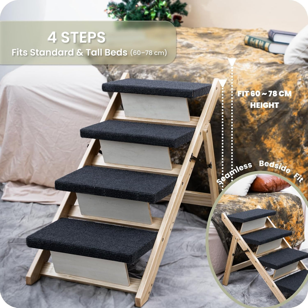 MEWANG Wood Pet Stairs, 4-Step Dog Stairs for Beds, Couches & Cars, 25" H