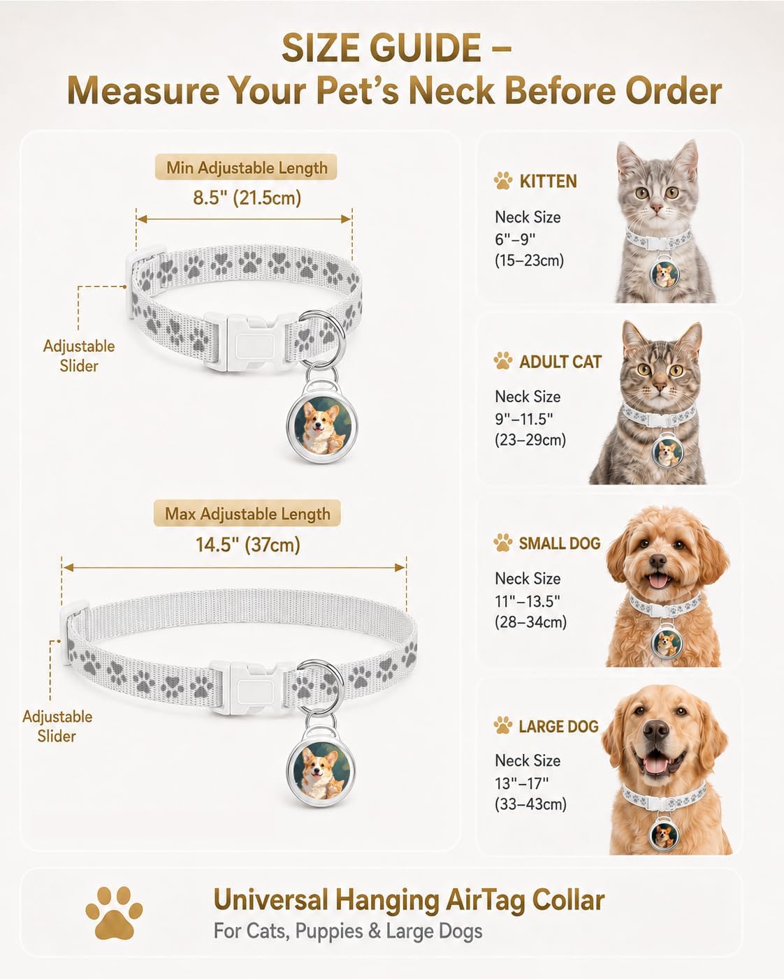 Cat GPS Tracker Collar & Dog Mini Tracker, No Monthly Fee Location, Works with Apple Find My, IP67 Waterproof Pet Finder Tag, Sound Alert, Adjustable Fit,White