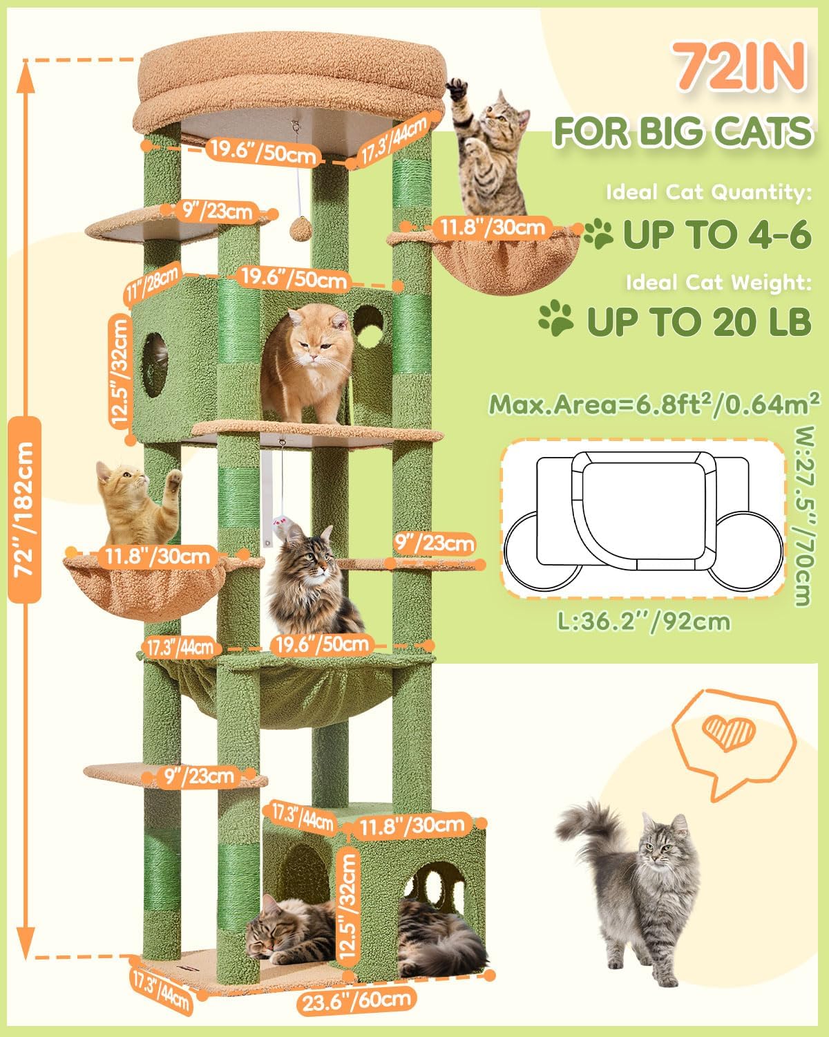 Taoqimiao 72 in Cat Tree, XXL Cat Tower for Indoor Cats Large Adult 25Lbs+