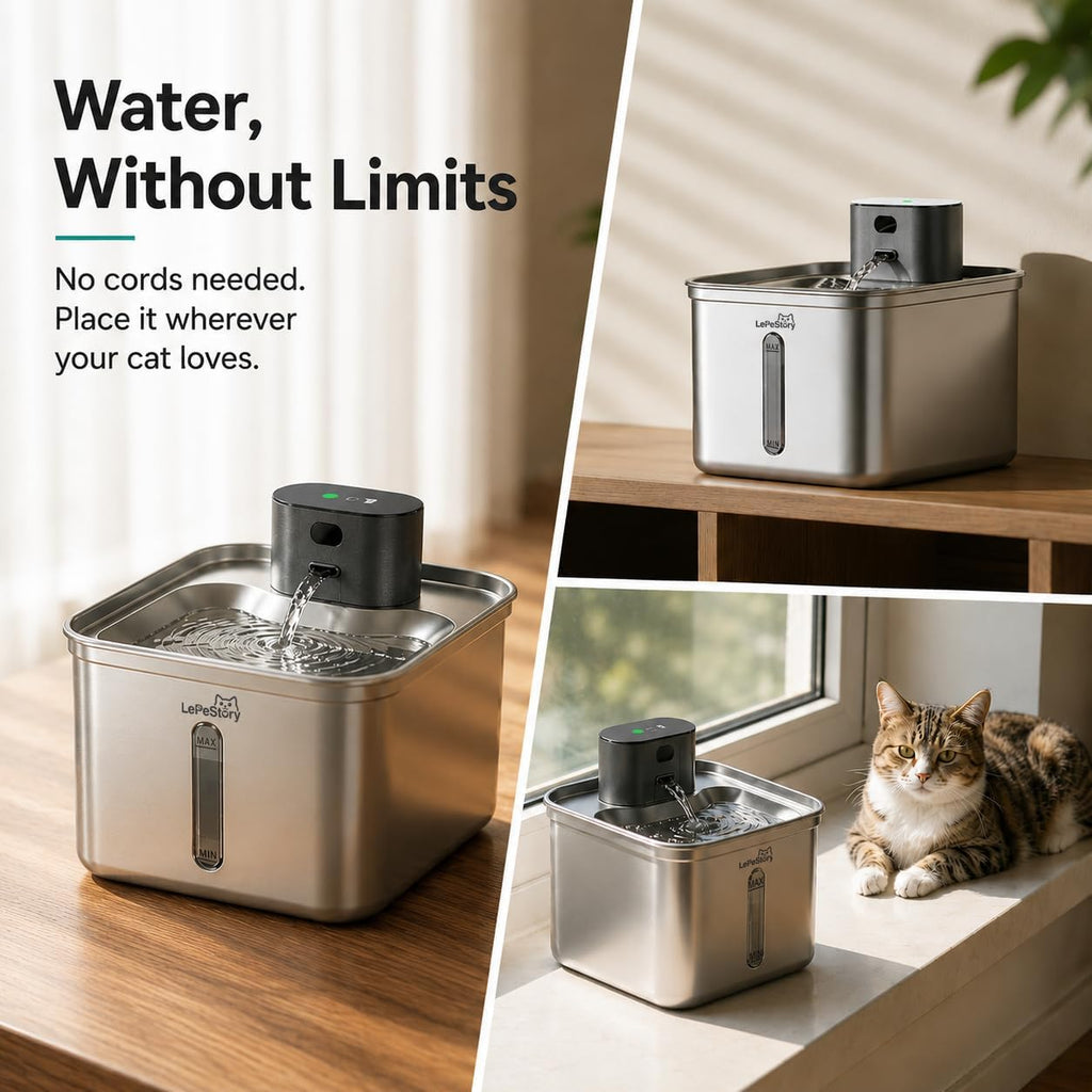 Cordless Cat Water Fountain Stainless Steel Motion Sensor 3.5L