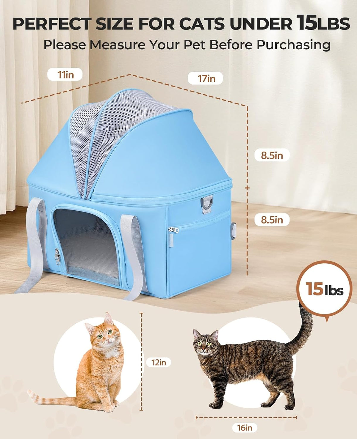 BurgeonNest Top-Expandable Cat Carrier with Semi-Open Canopy for15lbs, Blue