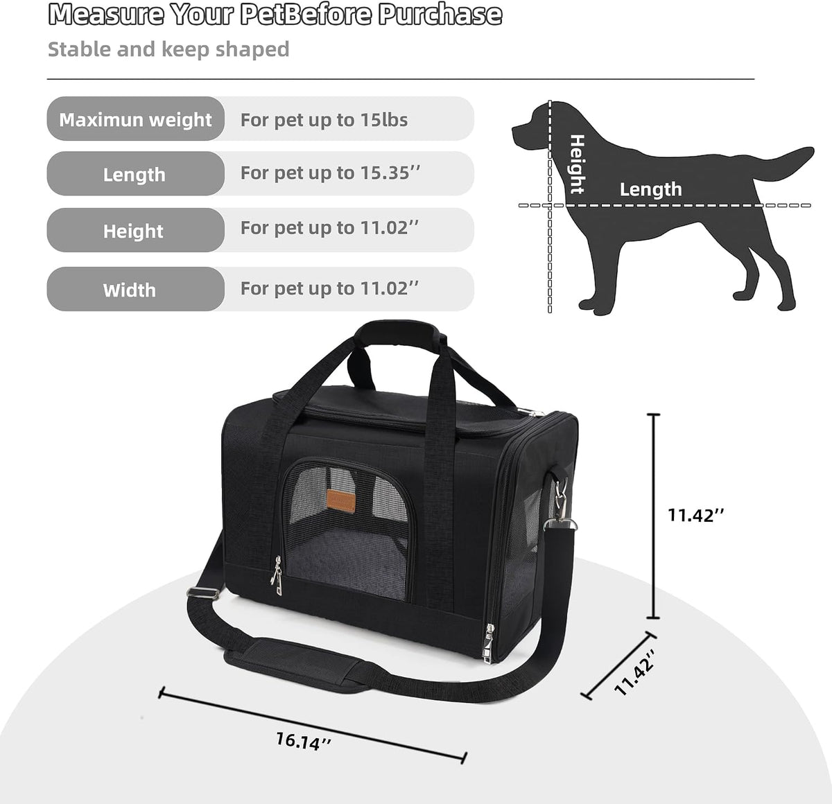 ROYPET Cat Carrier,Portable Pet Carrier Bag for Cats and Small Dogs,Foldable Soft-Sided and Scratch-Proof mesh Cat Bag Pet Carriers,Airline Approved Pet Carrier,Pet Travel Carrier Up to 15 Lbs,Black