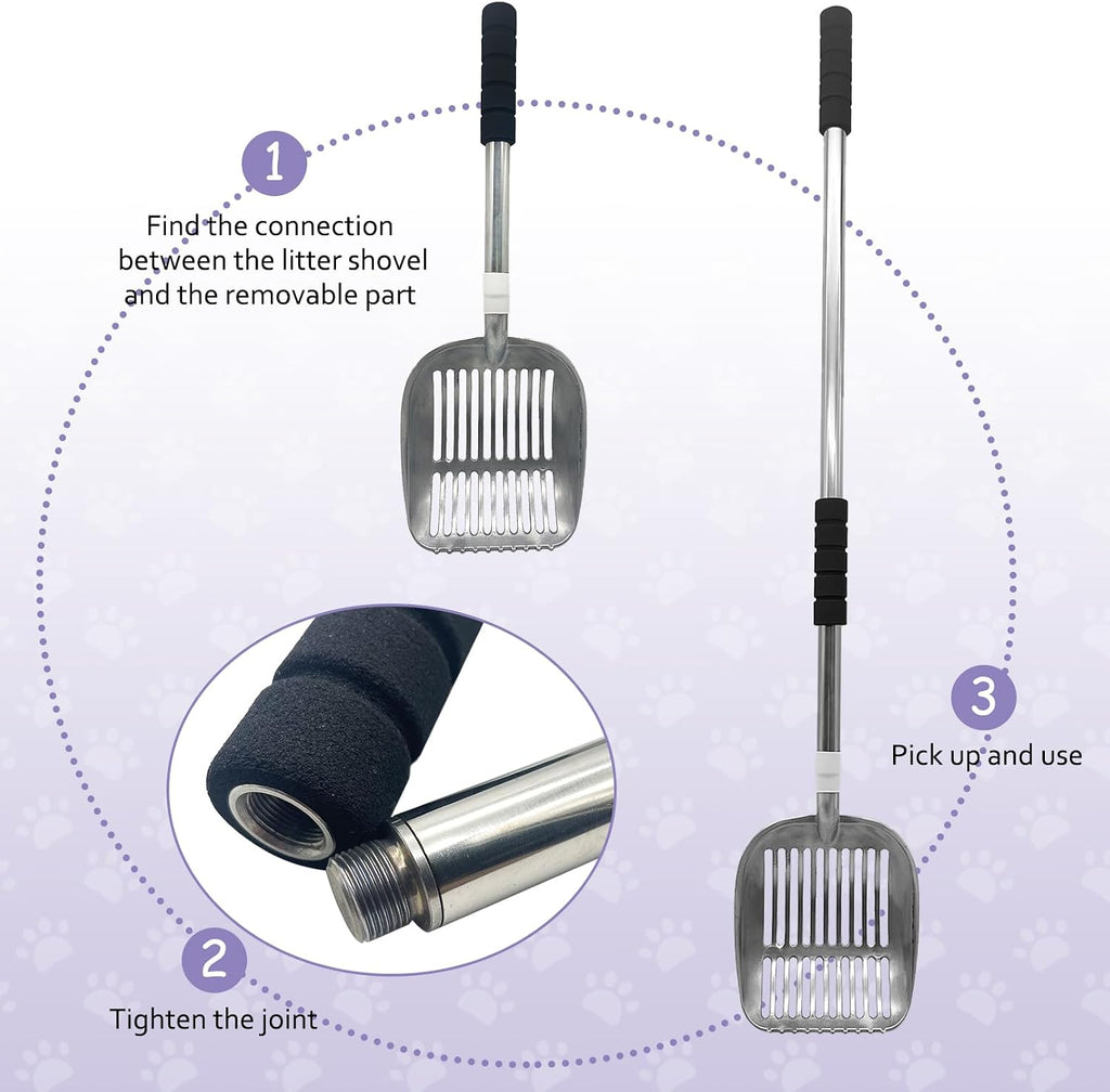 PINVNBY Cat Litter Scooper, Long Handle Litter Sifter Scoop with Litter Scoop Holder Stainless Steel Kitten Scooper Deep Kitty Litter Scooper with Box Metal Detachable Sifting Litter Shovel Set