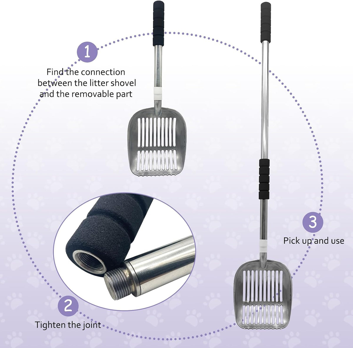PINVNBY Cat Litter Scooper, Long Handle Litter Sifter Scoop with Litter Scoop Holder Stainless Steel Kitten Scooper Deep Kitty Litter Scooper with Box Metal Detachable Sifting Litter Shovel Set