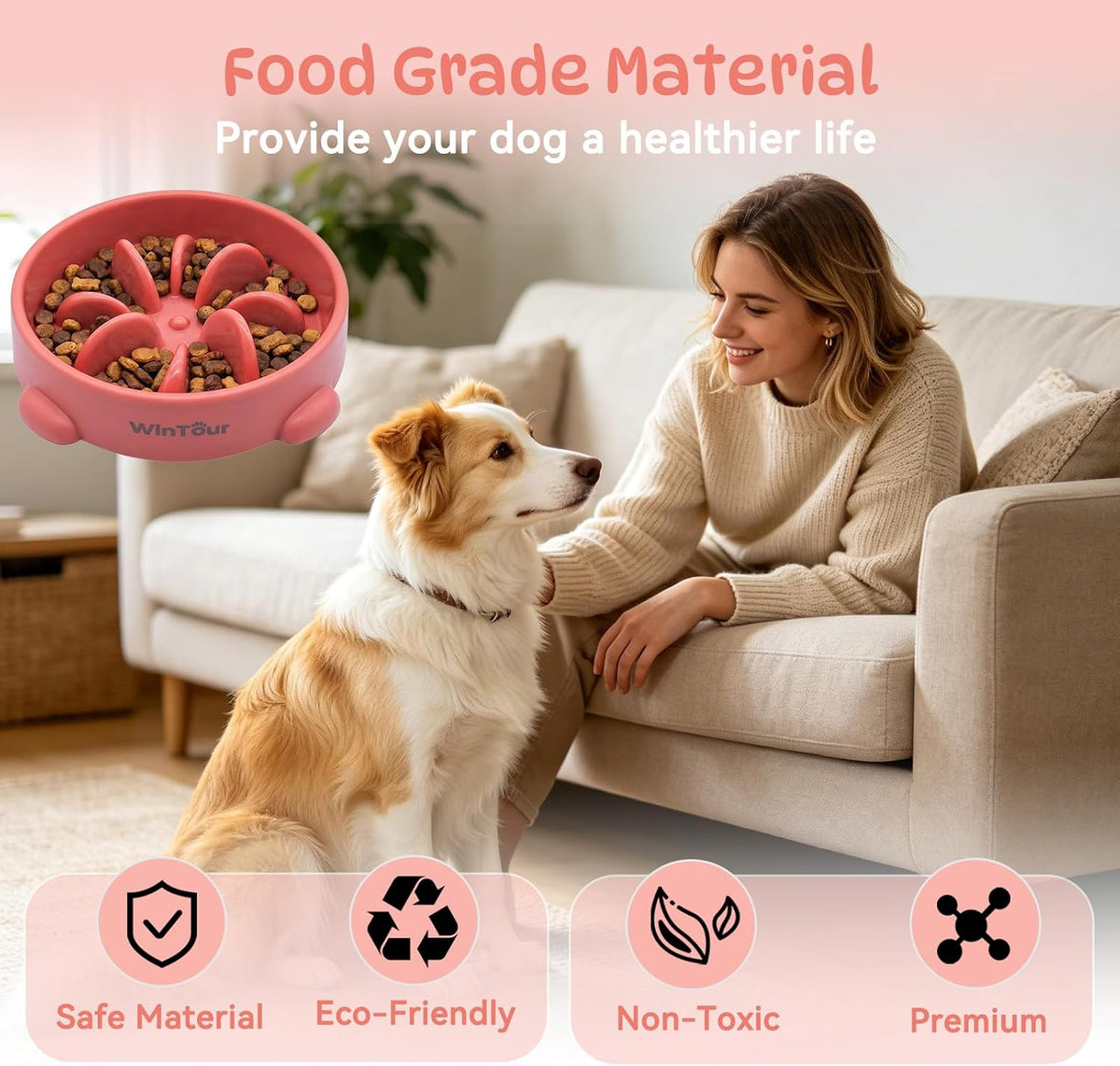 WinTour Slow Feeder Dog Bowls for Small Medium Pets, Round PP Dish, 1 Pack