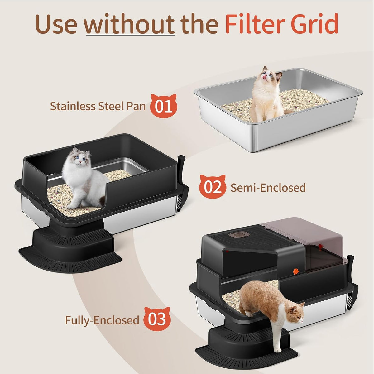 XXXL Stainless Steel Litter Box 28"x20"x18" Enclosed Cat Litter Box, Black | Extra Large Metal Litter Box Tray with High Side, Filtered Grid, Cat Step, Litter Scoop, Non-Odor, Non-Sticky, Easy Cleaning