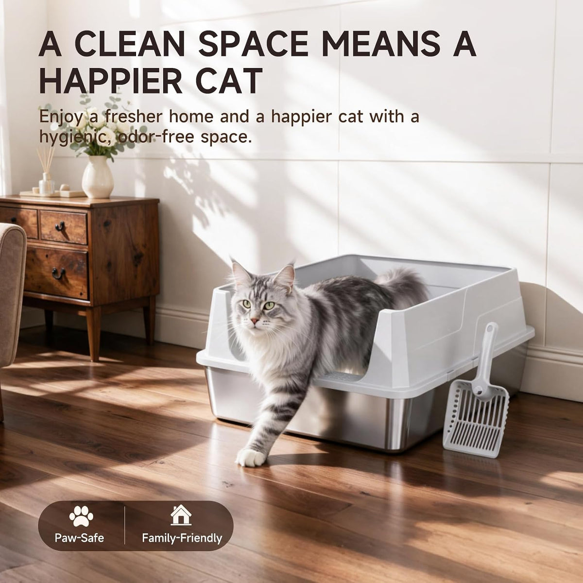 XXL Stainless Steel Cat Litter Box with High Guard Anti-Leak Scoop, Gray