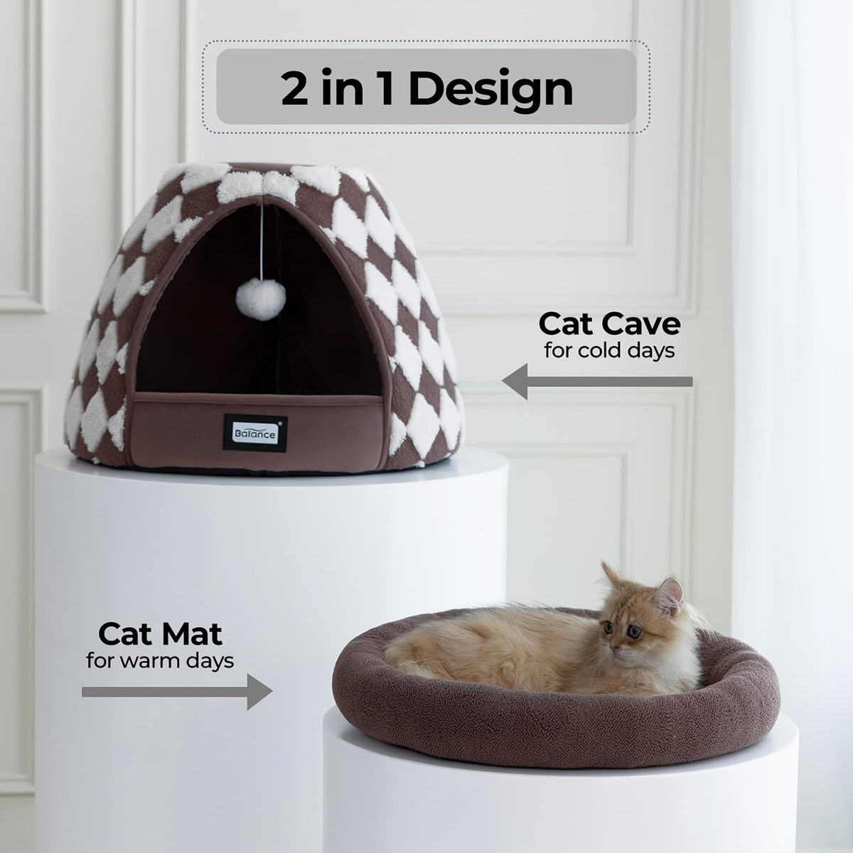 BALANCE Cat Beds for Indoor Cats, 2-in-1 Cat Bed Cave with Anti-Slip Bottom and Ultra-Soft Plush, Cozy Cats House Tent for Kittens and Small Dogs, 19 Inches, Dark Brown