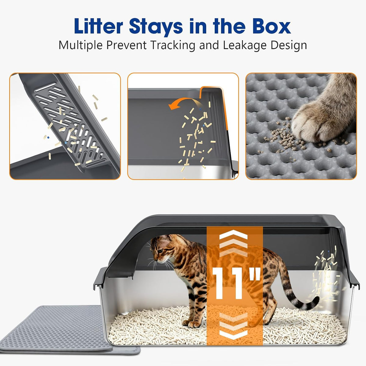 Stainless Steel Cat Litter Box with Lid, Enclosed Litter Boxes XL High Sided for Kitty Big Cat and Multiple Cats, Anti-Urine Leakage | Non-Stick & Includes Cat Mat and Scoop