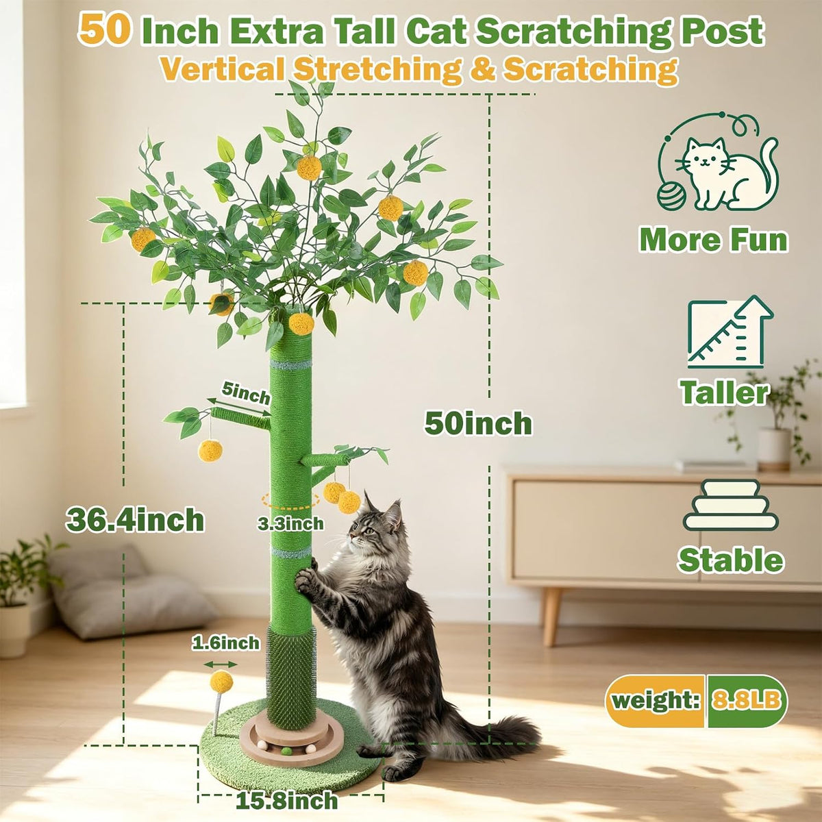 50" Extra Tall Cat Scratching Post for Large Cats, Heavy Duty Scratch Tree