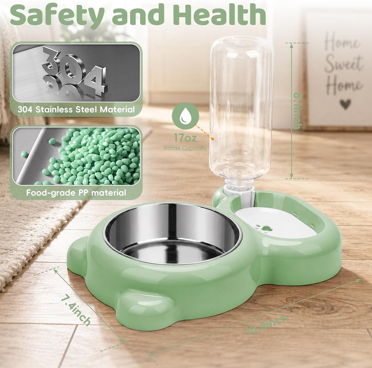 2-in-1 Dog Cat Bowl, Cat Food and Water Bowl Set, Green