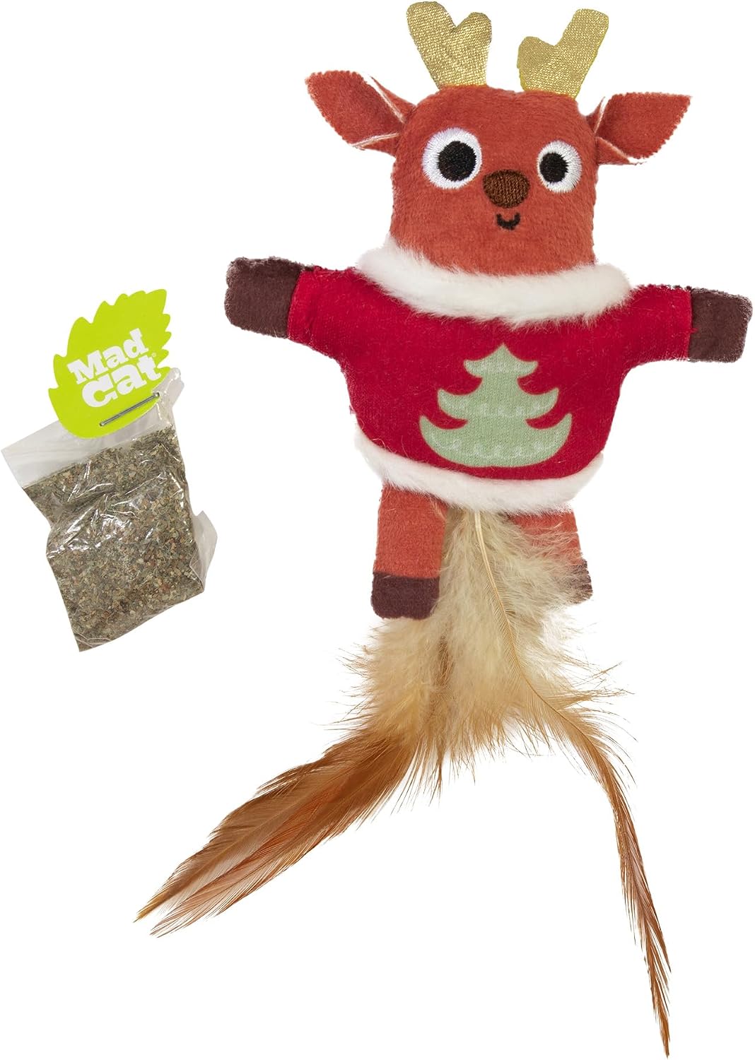 Mad Cat Ugly Sweater Stuffer Reindeer Catnip Refillable Soft Plush Cat Toy