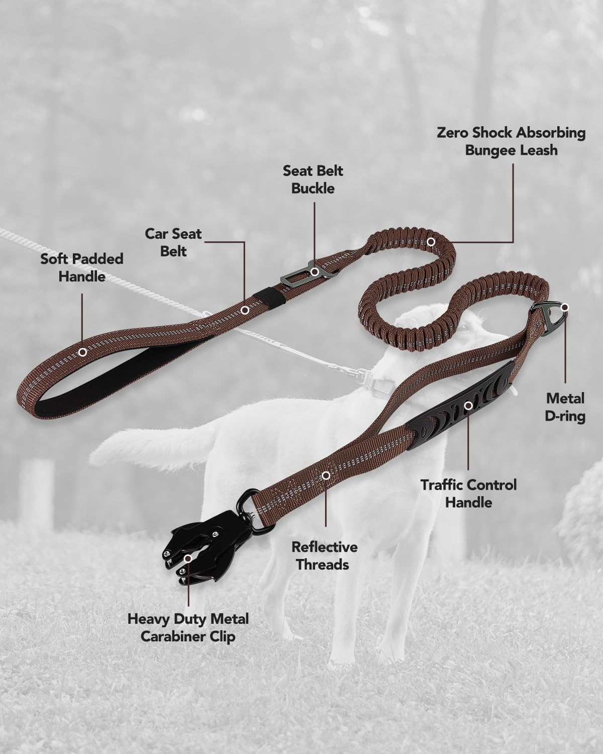 Joytale Tactical Bungee Dog Leash, Shock Absorbing No Pull, Brown